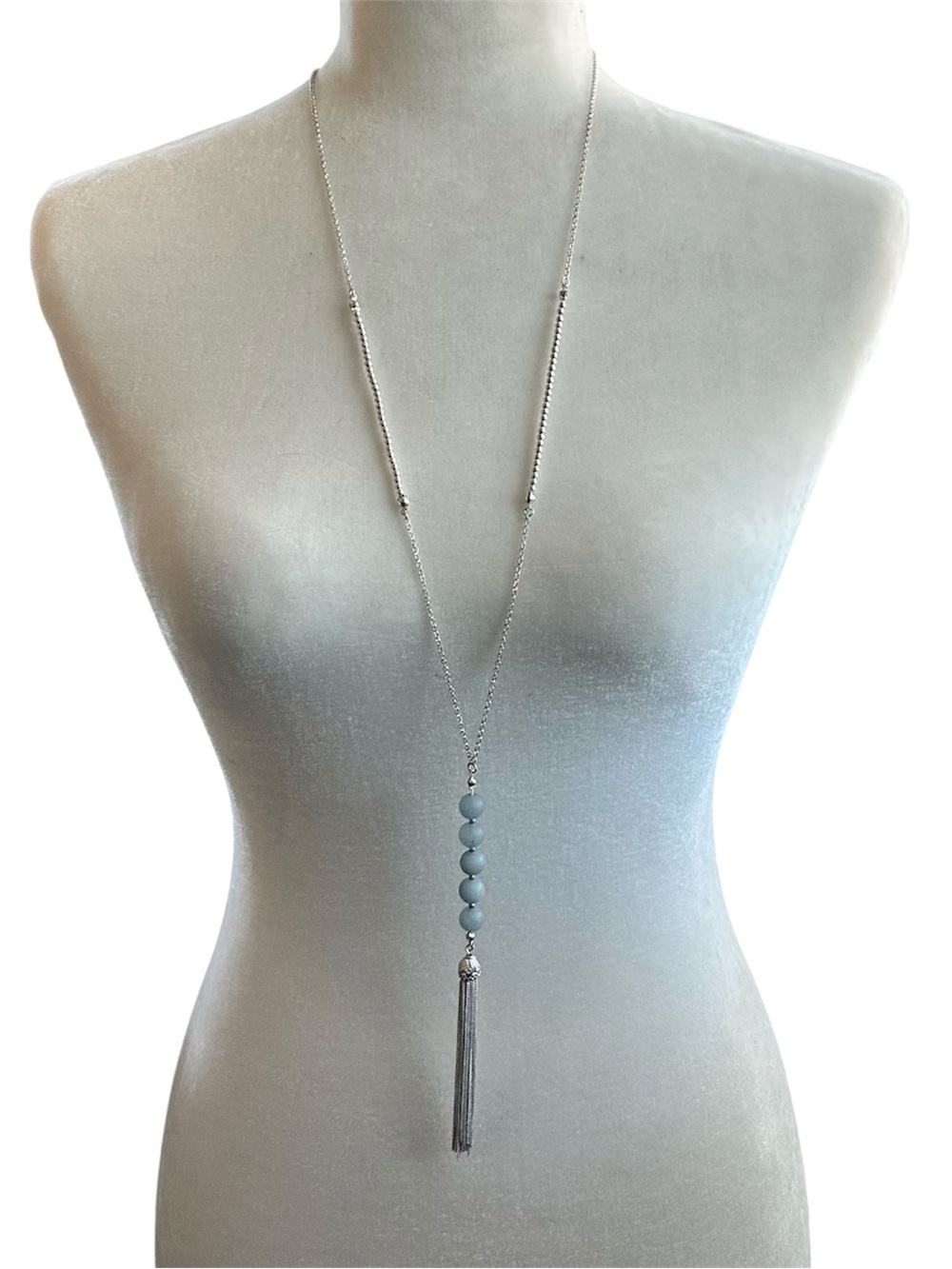 Silver Long Pendant Necklace with Light Blue Beads and Tassel